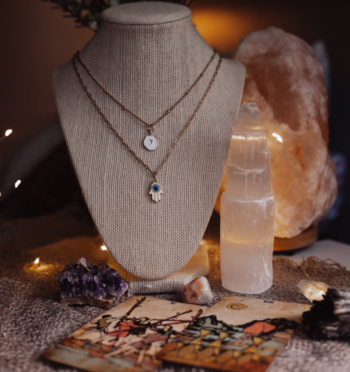 Dainty Moon & Hamsa Hand Necklace Set – Boho Protective Charm Jewelry