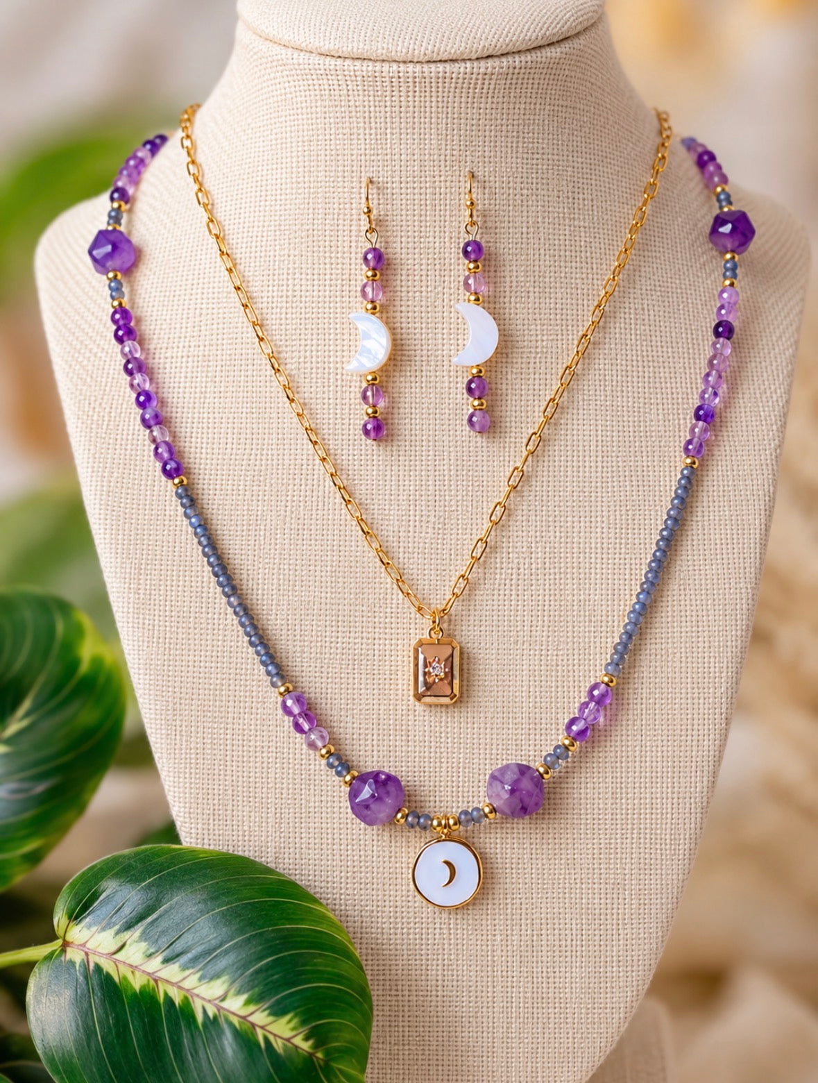 Amethyst & Mother of Pearl Celestial Moon Jewelry Set