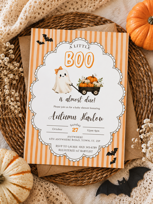 A Little Boo Is Almost Due Baby Shower Invitation Template | Halloween Baby Shower Invite | Editable Canva Template