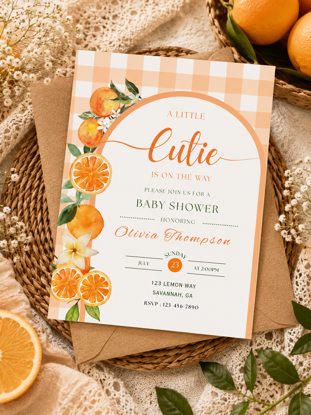 A Little Cutie Is on the Way Baby Shower Invitation | Editable Canva Template | Orange Baby Shower Invite | Digital Download