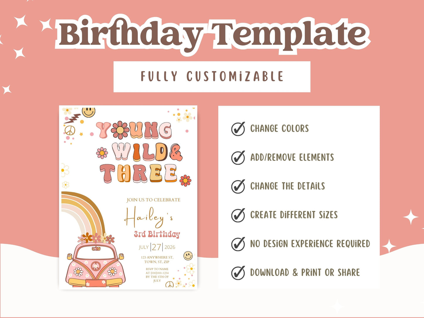 Young Wild & Three Birthday Invitation Template