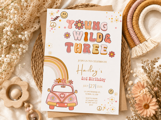 Young Wild & Three Birthday Invitation Template