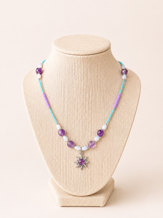 Solar Radiance - Amethyst & Sunburst Celestial Necklace