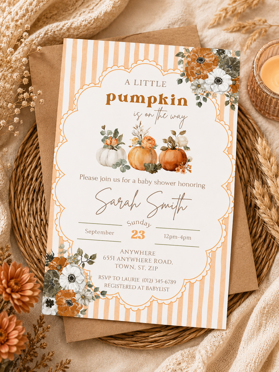 A Little Pumpkin Is On the Way Baby Shower Invitation Template | Fall Baby Shower Invite | Editable Digital Download