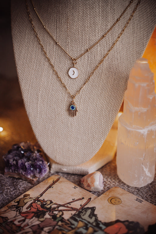 Dainty Moon & Hamsa Hand Necklace Set – Boho Protective Charm Jewelry