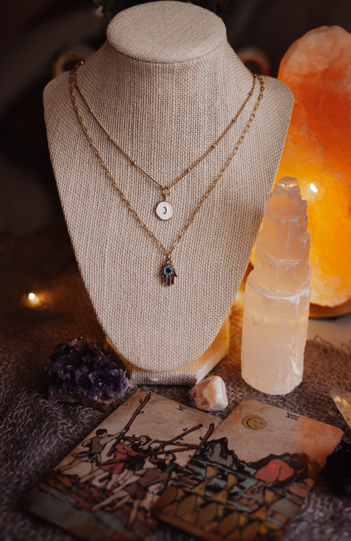 Dainty Moon & Hamsa Hand Necklace Set – Boho Protective Charm Jewelry