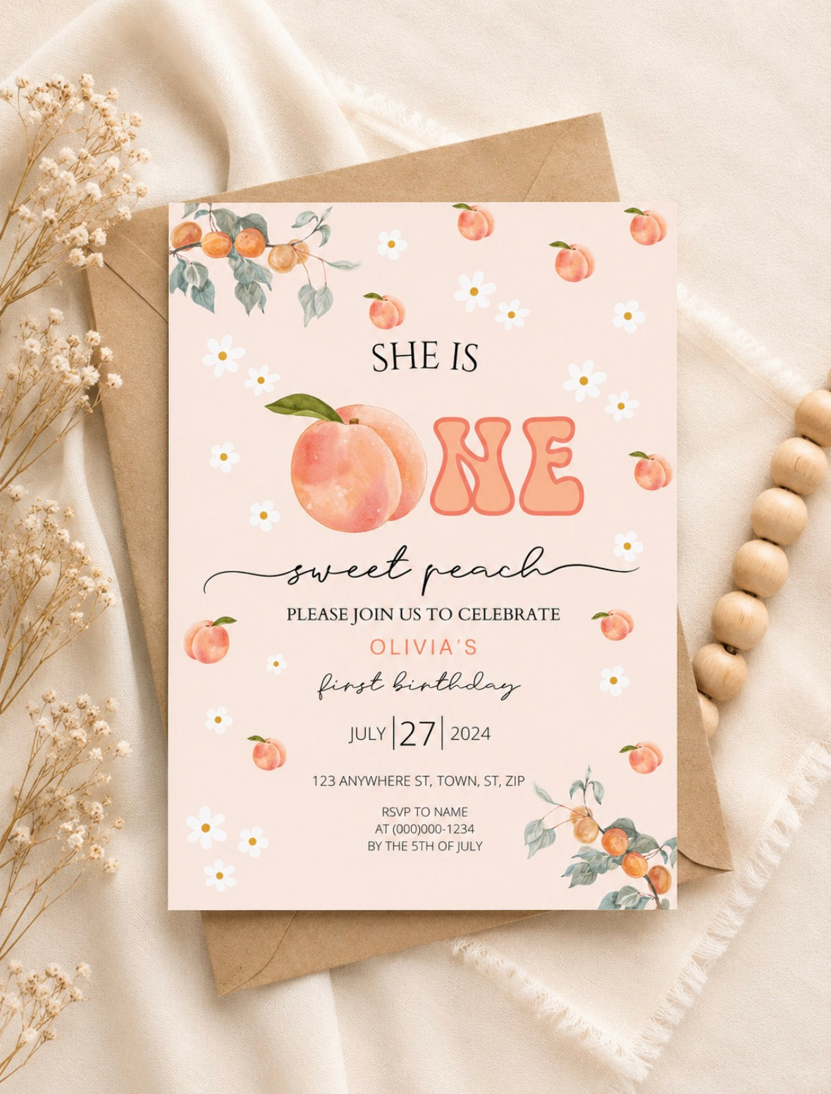Sweet Peach First Birthday Invitation