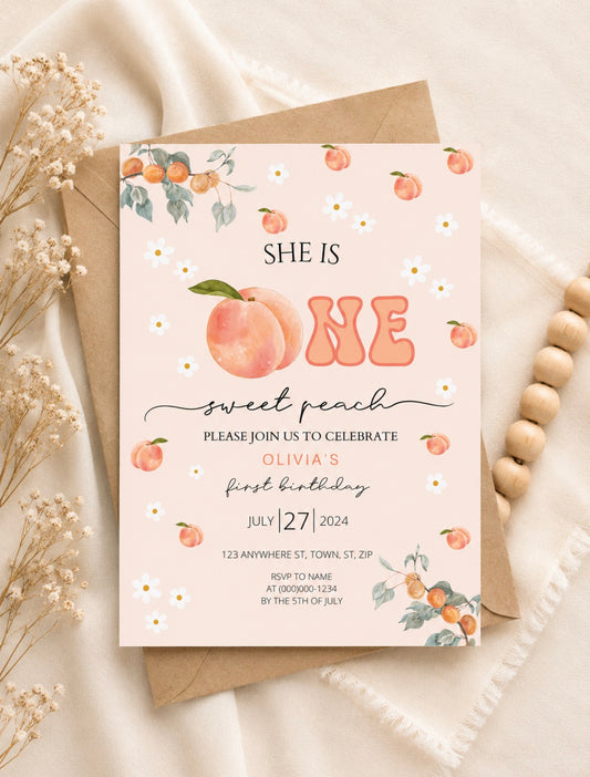 Sweet Peach First Birthday Invitation