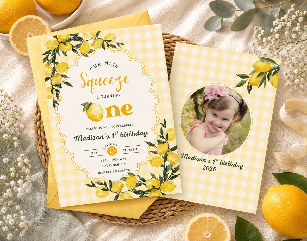 🍋 Our Main Squeeze First Birthday Invitation Template