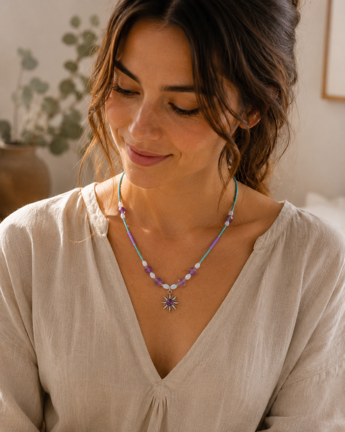 Solar Radiance - Amethyst & Sunburst Celestial Necklace