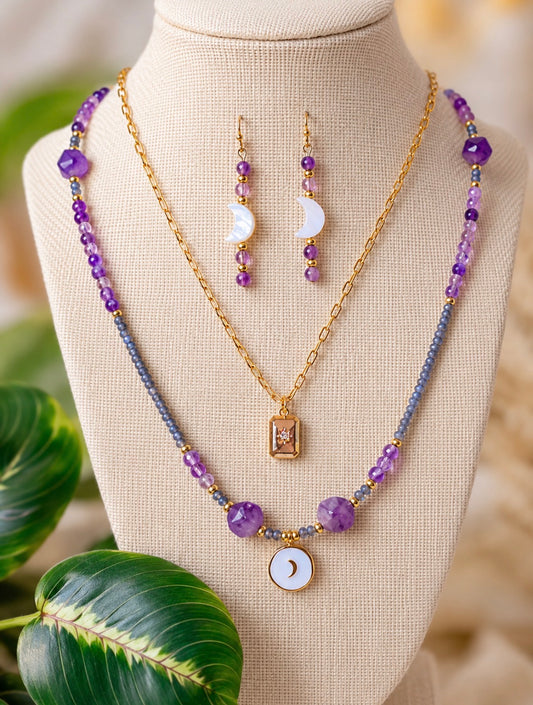 Amethyst & Mother of Pearl Celestial Moon Jewelry Set