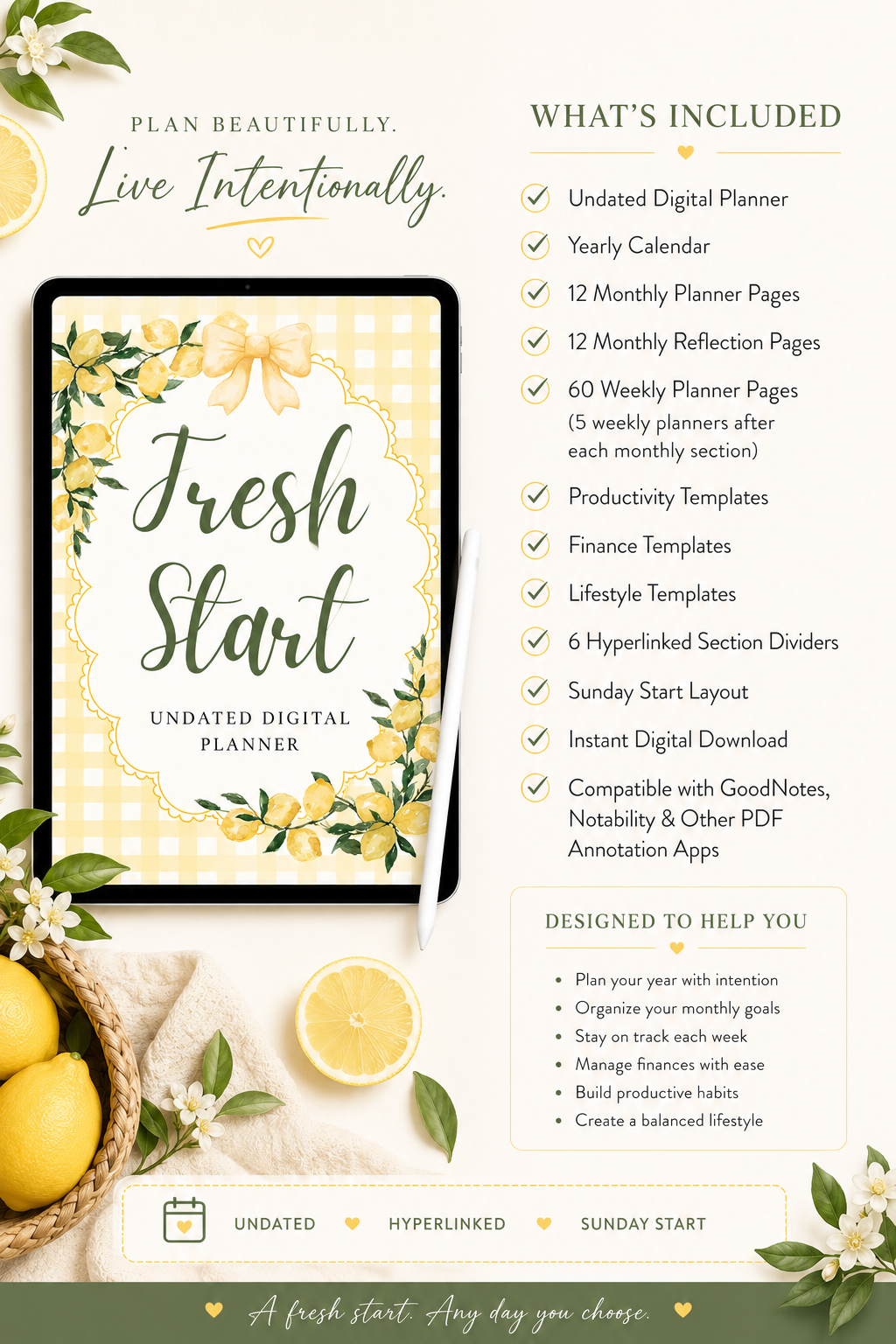 Fresh Start Digital Planner | Undated GoodNotes Planner with Hyperlinked Tabs