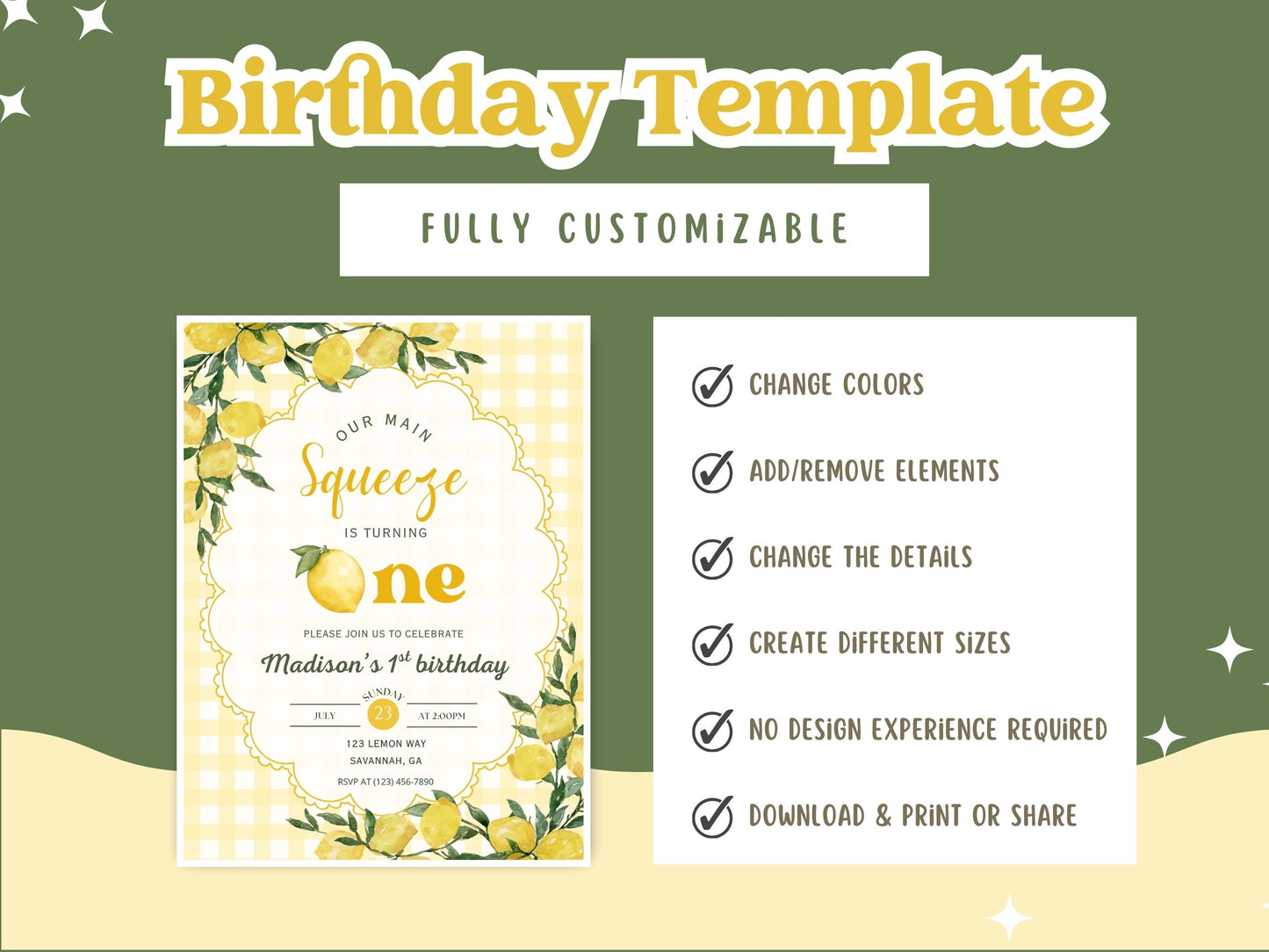 🍋 Our Main Squeeze First Birthday Invitation Template