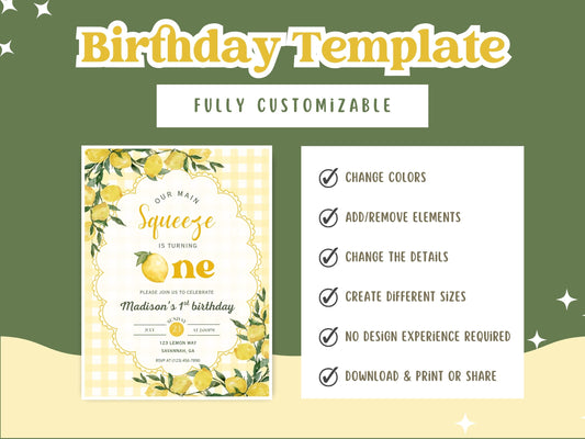 🍋 Our Main Squeeze First Birthday Invitation Template