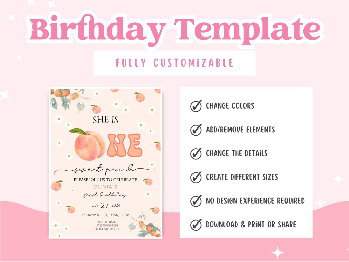 Sweet Peach First Birthday Invitation