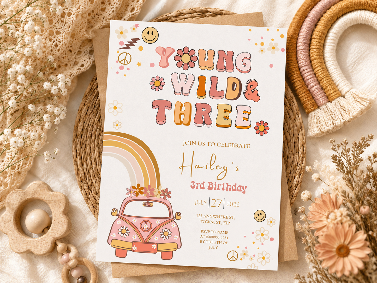 Young Wild & Three Birthday Invitation Template